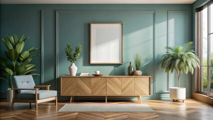 A minimalist living room featuring a green wall with a wooden frame, a  comfortable armchair, a wooden cabinet, potted plants, and a large window with a view of greenery outside.