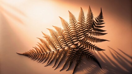 Naklejka premium Fern frond illuminated by a golden light, casting a soft shadow on a warm background.
