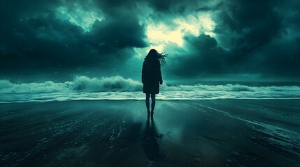 Obraz premium Person standing alone on a windy beach, hair blowing in the breeze, ocean waves crashing, dramatic lighting, solitude and reflection