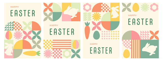 Vector set of geometric Happy Easter posters. Vertical backgrounds.