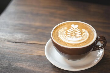 Delicious Latte Art Coffee in Brown Cup on Wooden Table