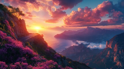 Naklejka premium A vibrant sunset over a mountainous landscape with blooming flowers.