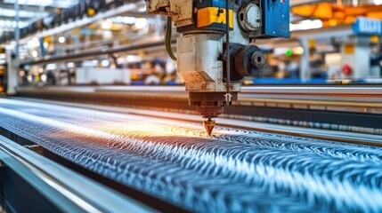 Naklejka premium An industrial fabric cutting machine in use, precision cutting large rolls of textile material, highly efficient workspace,