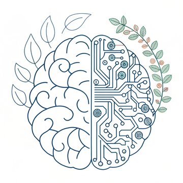 brain halves with leaves and circuits clip art preview