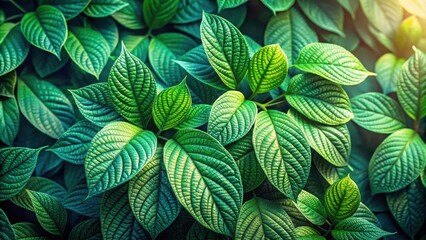 Fototapeta premium A vibrant tapestry of emerald green leaves, showcasing intricate veins and delicate textures, bathed in soft sunlight.