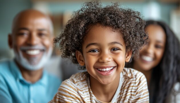 A joyful African American family spending quality time together in their living room. The kids laugh as they engage with their parents, creating a warm, loving atmosphere.