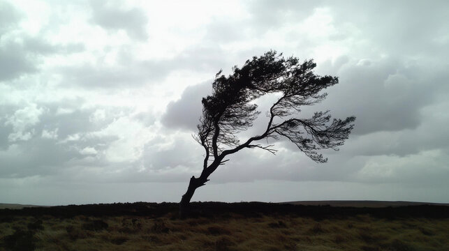 Be strong, A solitary tree bends against strong winds under a cloudy sky, depicting resilience in a stark landscape.