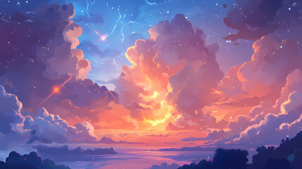A sky full of clouds with a few lightning bolts. Lodestar. Illustration