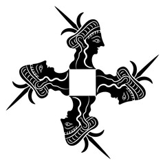 Geometrical cross shape design with four heads of Mycenaean women. Black and white silhouette.
