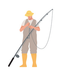 Fototapeta premium Fisherman in yellow boots and hat preparing a fishing rod. Outdoor activity, fishing hobby, and calm nature setting concept. Flat cartoon vector illustration isolated on white background