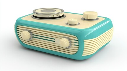 Fototapeta premium Teal and cream retro radio isolated on white background.