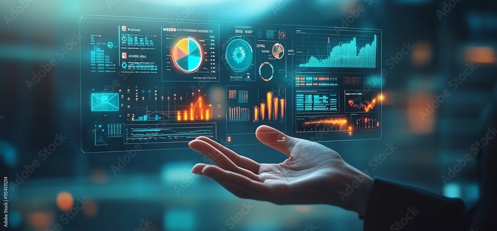 Poster a hand displays digital data visualizations and analytics in a futuristic setting.