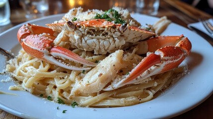 Alaskan Crab scampi over linguine, drenched in a white wine garlic butter sauce 