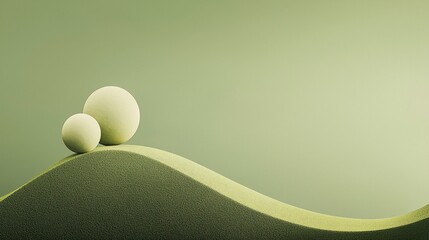 Two pale spheres rest on a gentle green hill against a muted background.