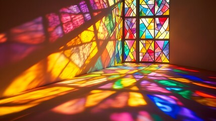 Fototapeta premium A colorful stained-glass window casting light onto a white surface, symbolizing divine light
