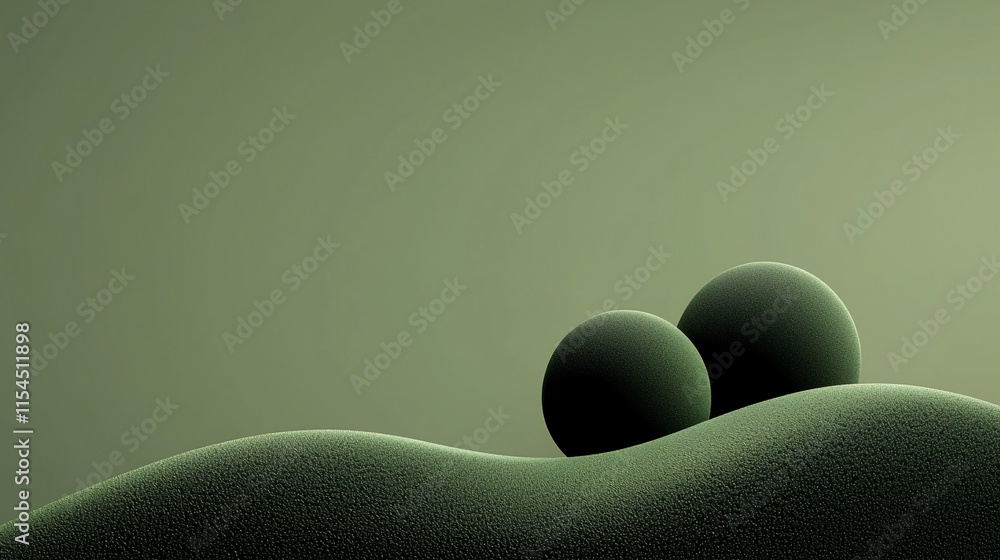 Poster Two dark green spheres rest on a gently curving, textured green hill against a muted green background.