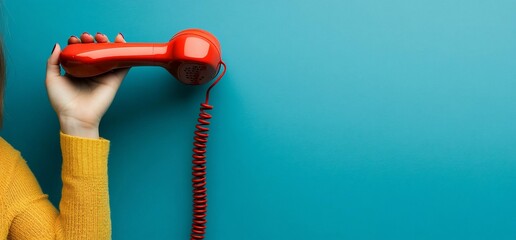 A hand holding a red telephone handset against a blue background.