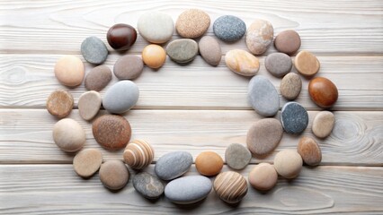 A circular arrangement of smooth, natural stones of various sizes and shades on a light wood surface