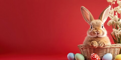 Obraz premium A charming and delightful Easter Bunny cheerfully surrounded by a variety of colorful eggs and beautiful spring flowers, depicting the essence of springtime celebrations and joyful festive events