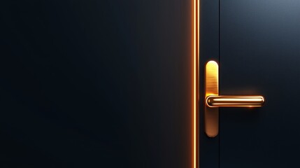 Mysterious black door with a lavish gold handle, high contrast lighting, minimalist copy space to one side, perfect for suspenseful design