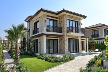 A luxurious two-story villa with elegant landscaping and a wide stone pathway leading to the entrance. The large windows and spacious garden enhance the villa's grandeur and sophistication.