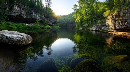 Calm river reflecting trees and sky at sunrise.