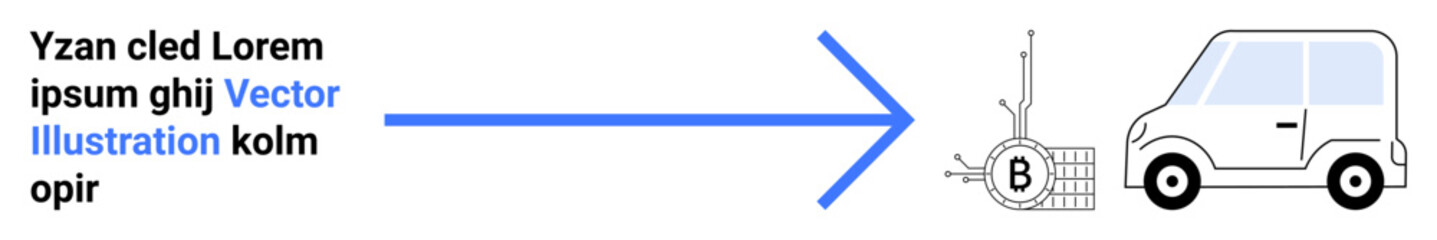 Obraz premium White electric car drawing power connected to crypto mining rig via large blue arrow. Ideal for tech, finance, energy, sustainability, transportation, future trends, digital marketing. Landing page