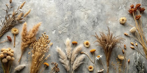 Dried flowers and grasses arranged on a grey surface creating a natural and textural background