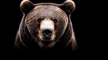 Fototapeta premium Monochrome front-facing portrait of Kamchatka brown bear, intense focus, isolated on a dark black background for powerful predator-themed visuals