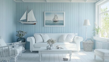 Bright, airy living room with nautical decor and white furnishings.