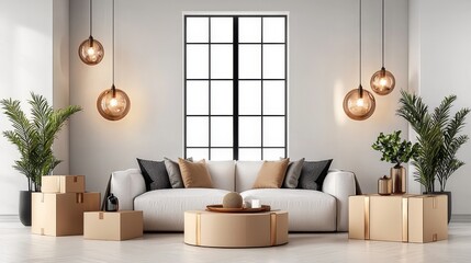 moving boxes piled near large window, bright new apartment, relocation concept, isolated on white background