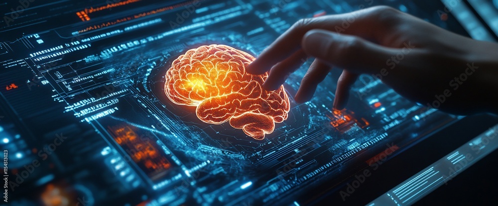 Poster a hand interacts with a digital brain display, symbolizing technology and cognition.