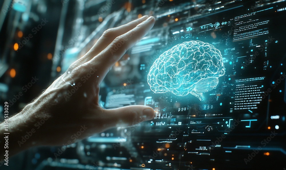 Poster a hand interacts with a digital brain interface, symbolizing technology and cognition.