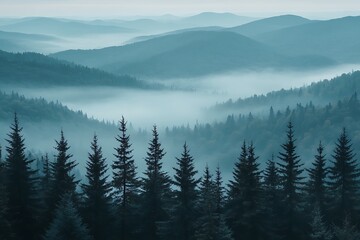 Misty Mountains and Silhouetted Pine Trees