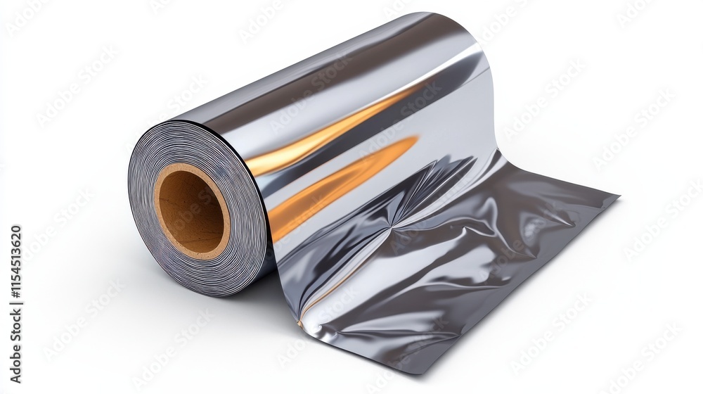 Poster shimmering metallic foil roll with reflective surface and abstract geometric pattern
