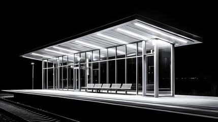 Desolate urban train station at night, stark black and white composition highlighting cold metal and quiet emptiness