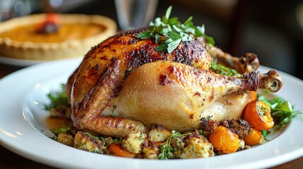 A whole chicken served in a Thanksgiving-style feast with pumpkin pie, stuffing, and seasonal decor 