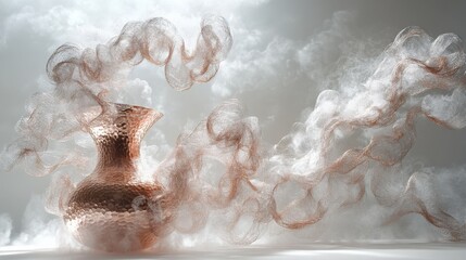 Mesmerizing Abstract Smoke and Vase Composition with Ethereal Swirls of Smoke, Mystical Atmosphere, Copper Vase, Artistic Photography in Motion and Light