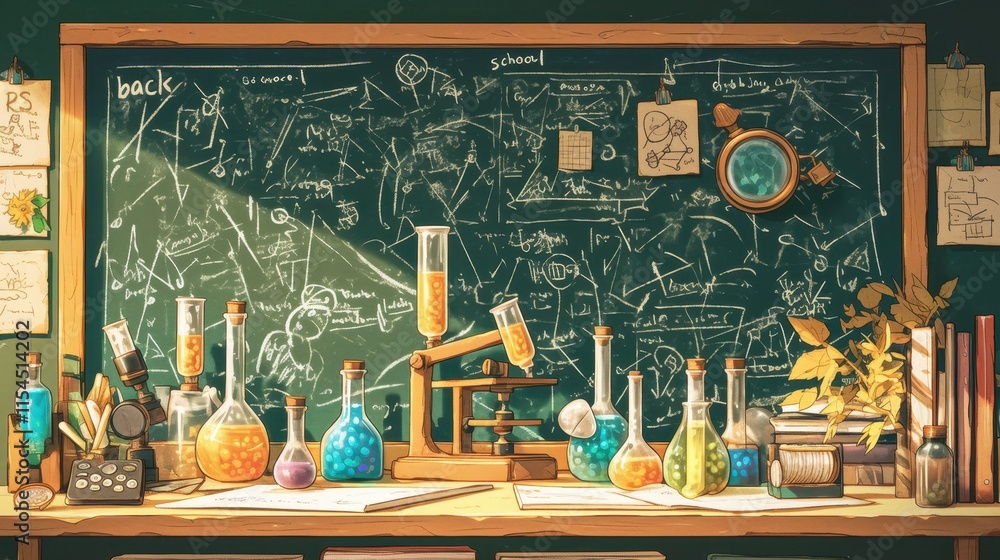 Poster a vibrant science lab with colorful potions and a chalkboard filled with equations.