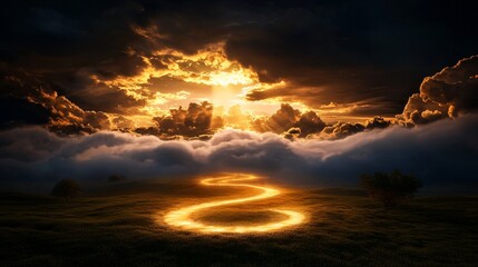 Obraz premium Magical trail of golden light, ethereal fog, dreamy fantasy landscape