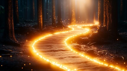 Magical trail of golden light, ethereal fog, dreamy fantasy landscape