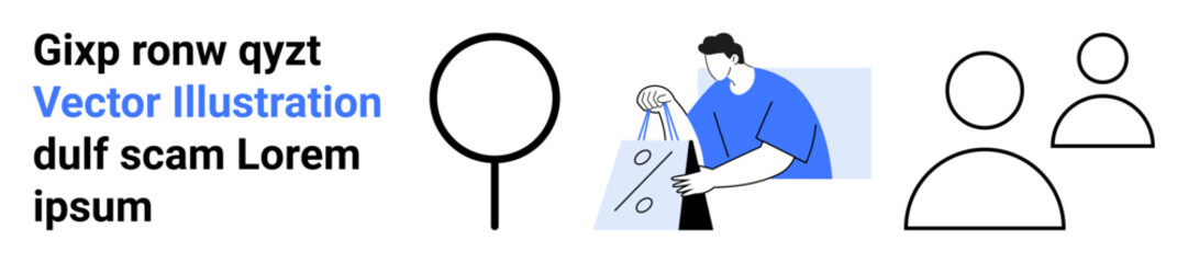 Man carrying shopping bags with percentages, magnifying glass representing search, two people icons symbolizing connection and community. Ideal for retail, e-commerce, marketing, customer engagement