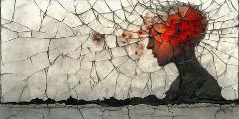 Surreal Cracked Portrait of Person with Red Burst of Emotion and Spiderweb Fractures Evoking Mental Strain and Creativity in Abstract Contemporary Art