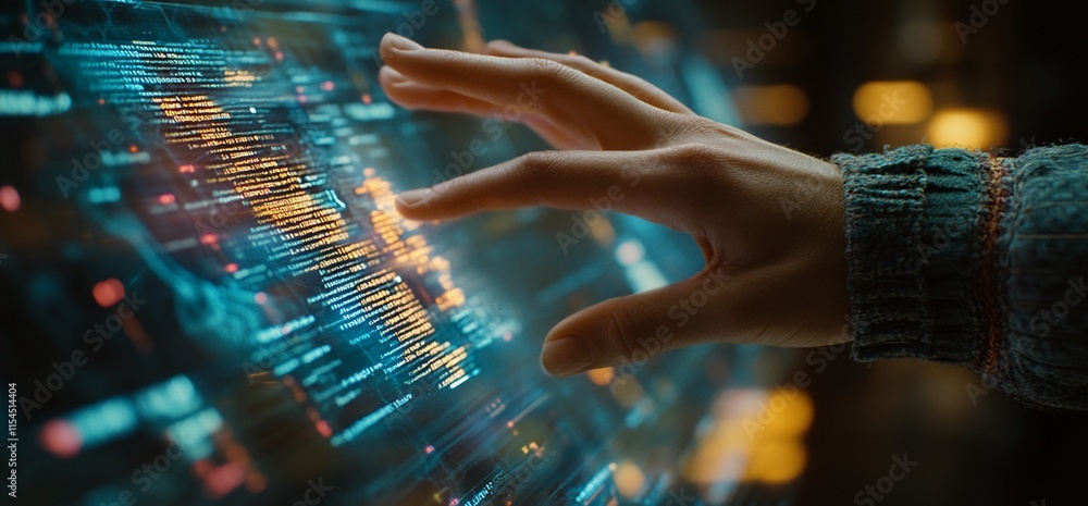 Poster a hand reaching towards a holographic data interface displaying information.