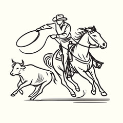 cowboy horseback lasso throwing in front of a calf
