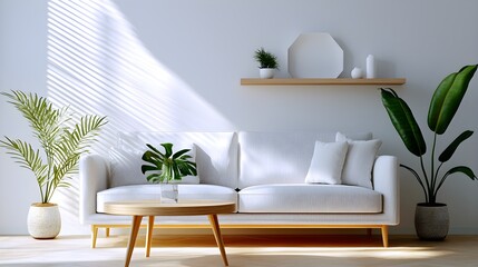 Scandinavian-style apartment living room, light gray sofa, textured walls, green potted plants, and wooden coffee table, warm sunlight filtering through