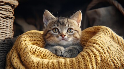 Adorable tabby kitten nestled in a cozy yellow knitted blanket.