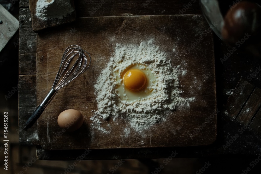 Aufkleber Wooden board with flour and an egg shows preparation for baking in a rustic kitchen setting. Generative AI