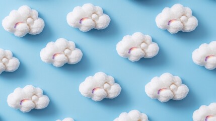 Hand-drawn fluffy clouds with rainbow highlights, set against a vibrant blue background, seamless texture for kids' art projects
