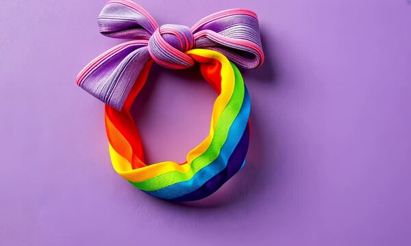 Multicolored striped cloth hair scrunchie with bow on purple background